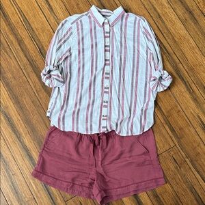 LOFT XL Women's Drawstring Casual Shorts and roll sleeve button down top